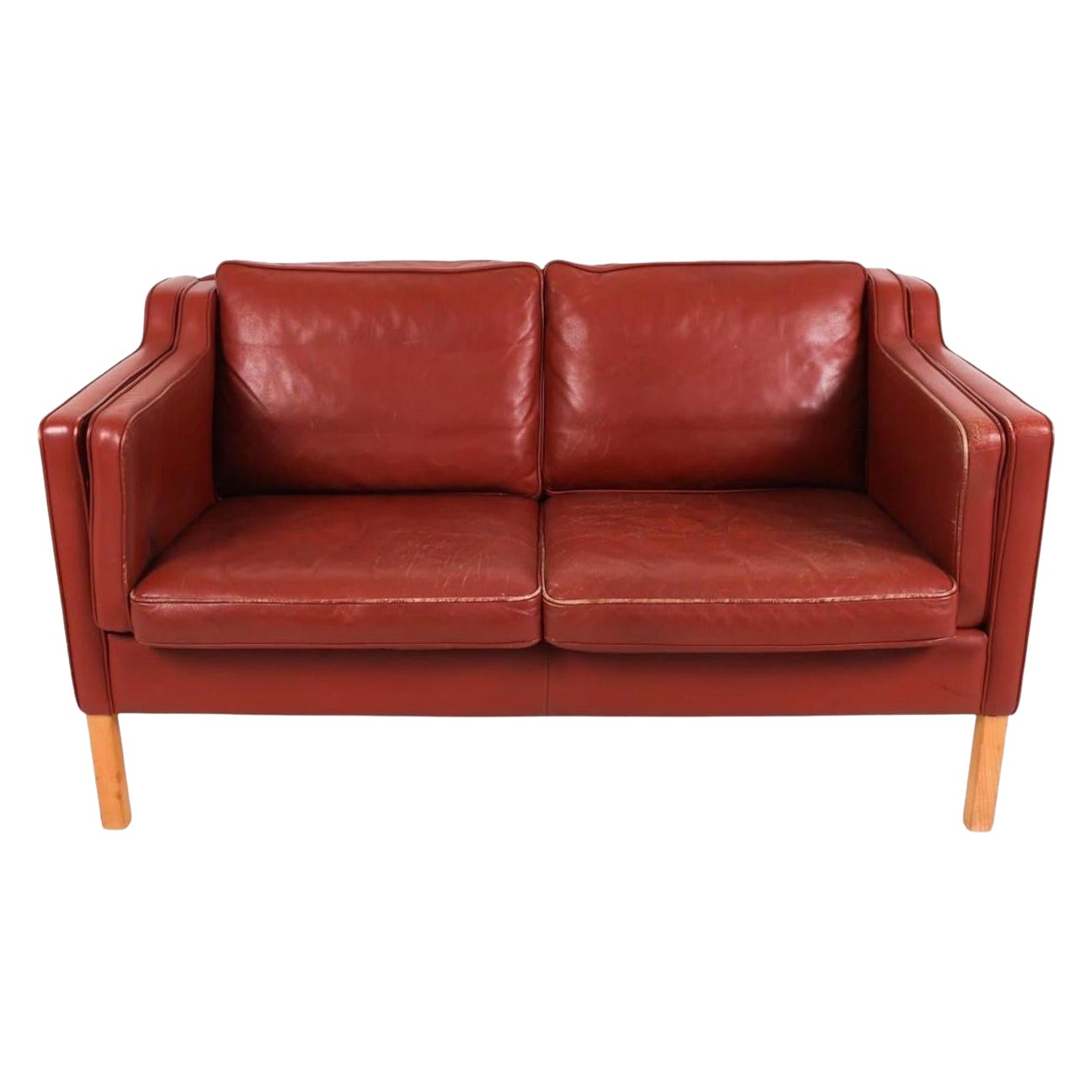Mid-Century Danish Modern Beautiful Dark Red Leather 2 Seat Sofa Birch Legs