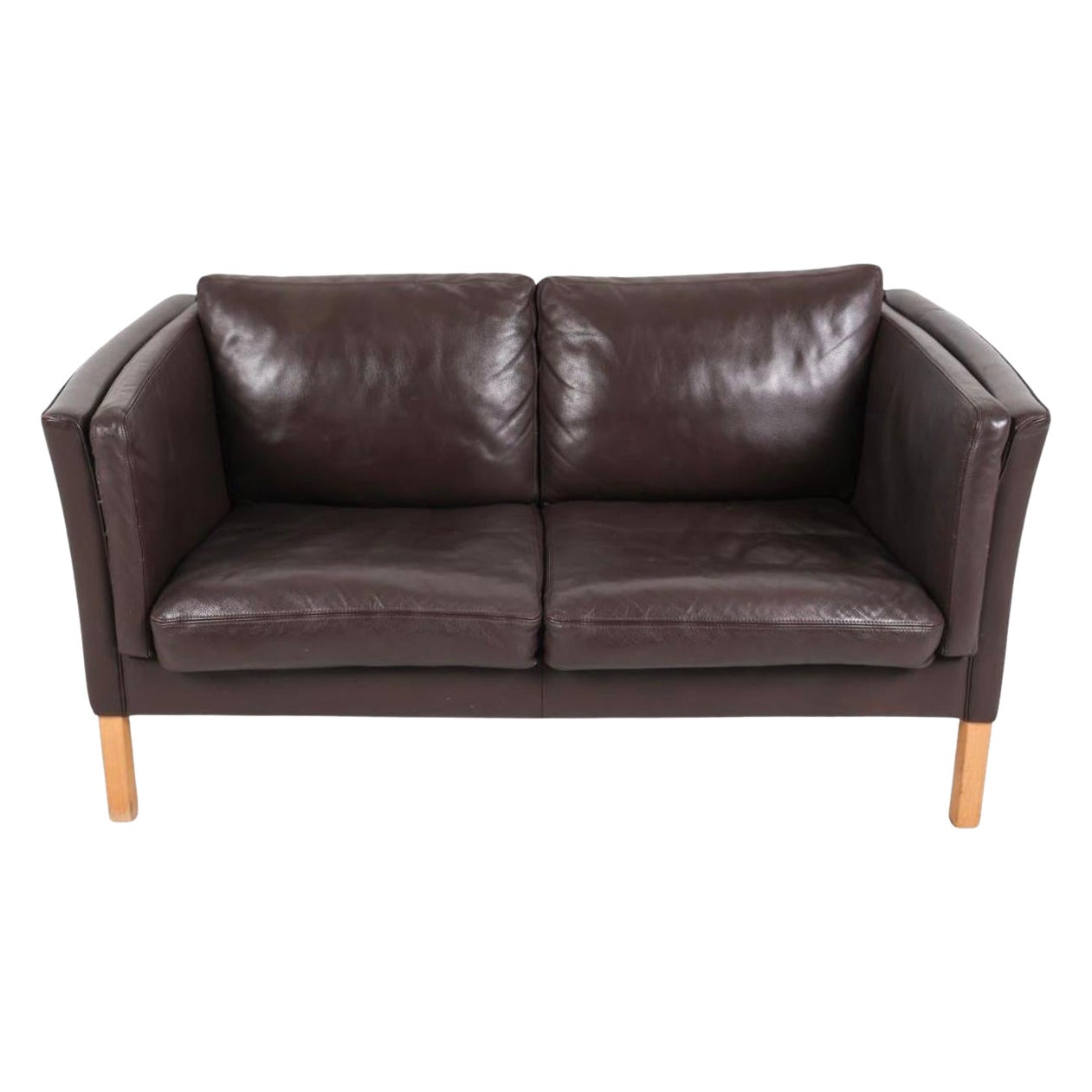 Beautiful Mid century Danish Modern dark brown Leather 2 Seat Sofa birch Legs