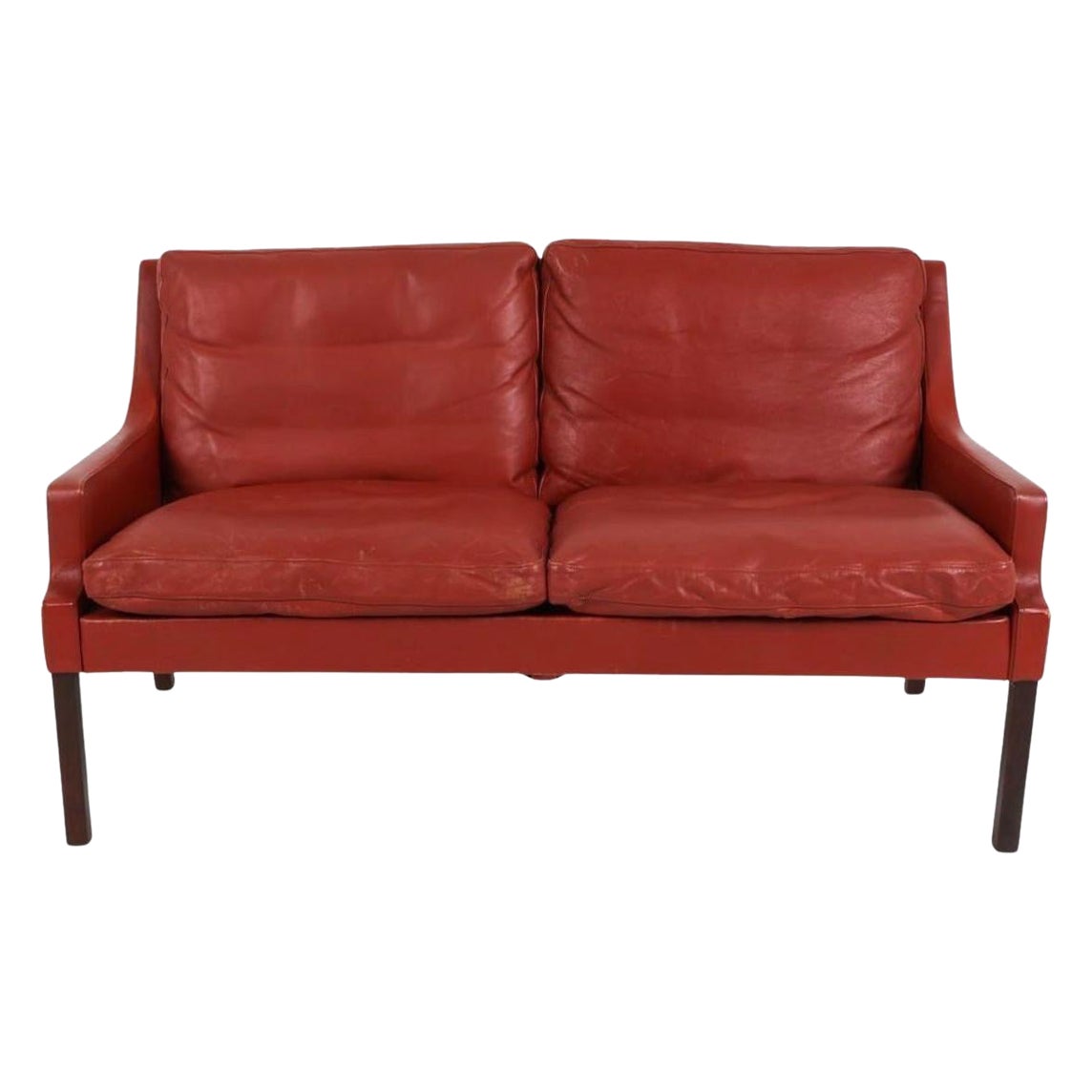 Mid-Century Danish Modern Beautiful Red Leather 2 Seat Sofa rosewood Legs