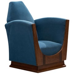 Sedia da salotto francese Art Deco in velluto blu e Oak