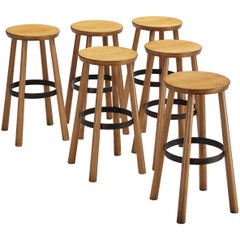 1960s Bar Stools in Blonde Wood and Hammered Iron
