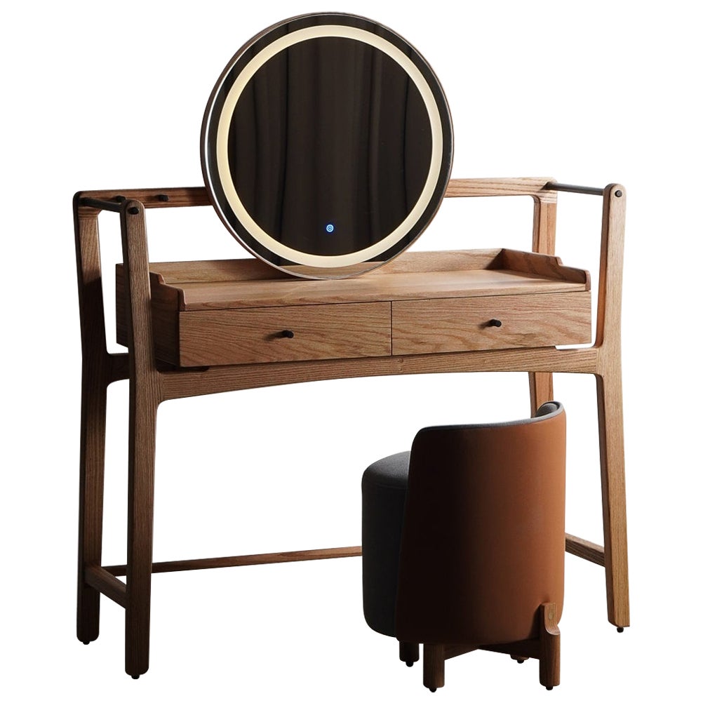 Solid oak wood vanity desk table with mirror LED light touch sensor and storage For Sale