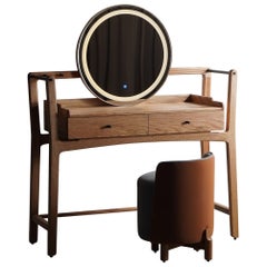 Solid oak wood vanity desk table with mirror LED light touch sensor and storage