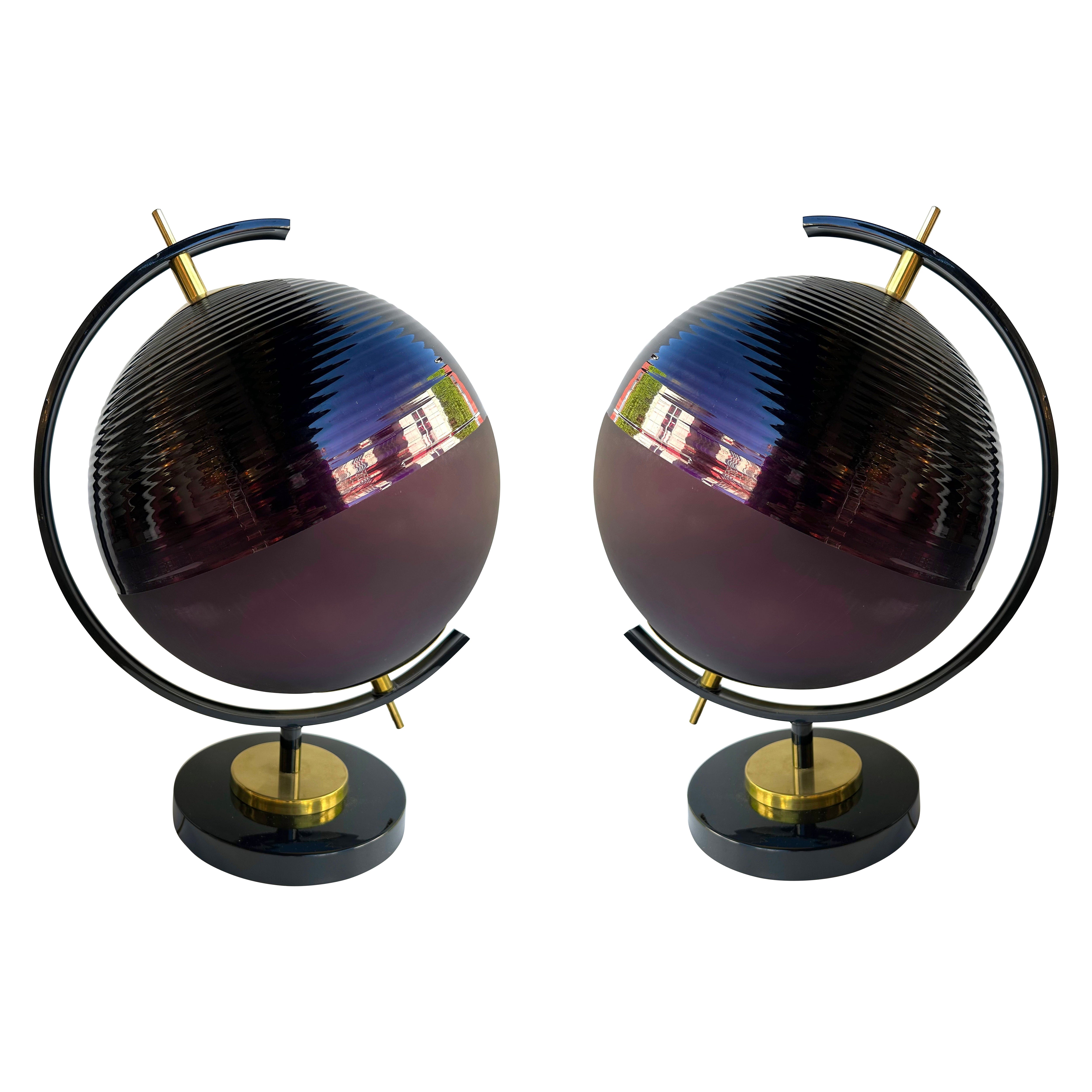 Contemporary Pair of Brass and Murano Glass World Map Style Lamps, Italy For Sale