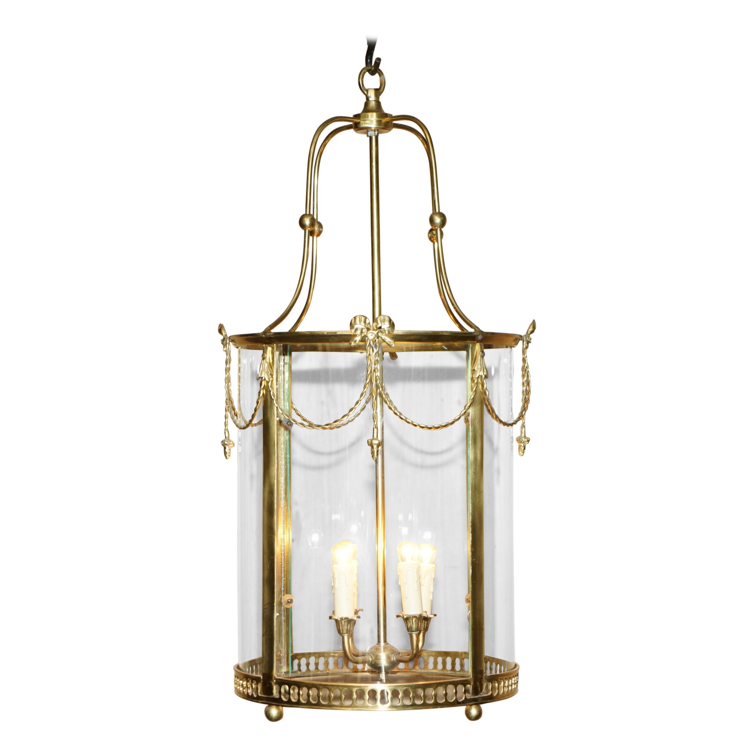 EXQUITE LANTERNE DE PENDICATION EN VERRE CYLINDRIQUE ET BRAS POLIS ANGLAIS DES ANNEES CIRCA 1940