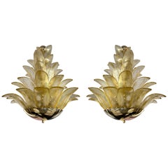 Contemporary Palm Pendant Lighting Gold Murano Glass and Brass , Italy