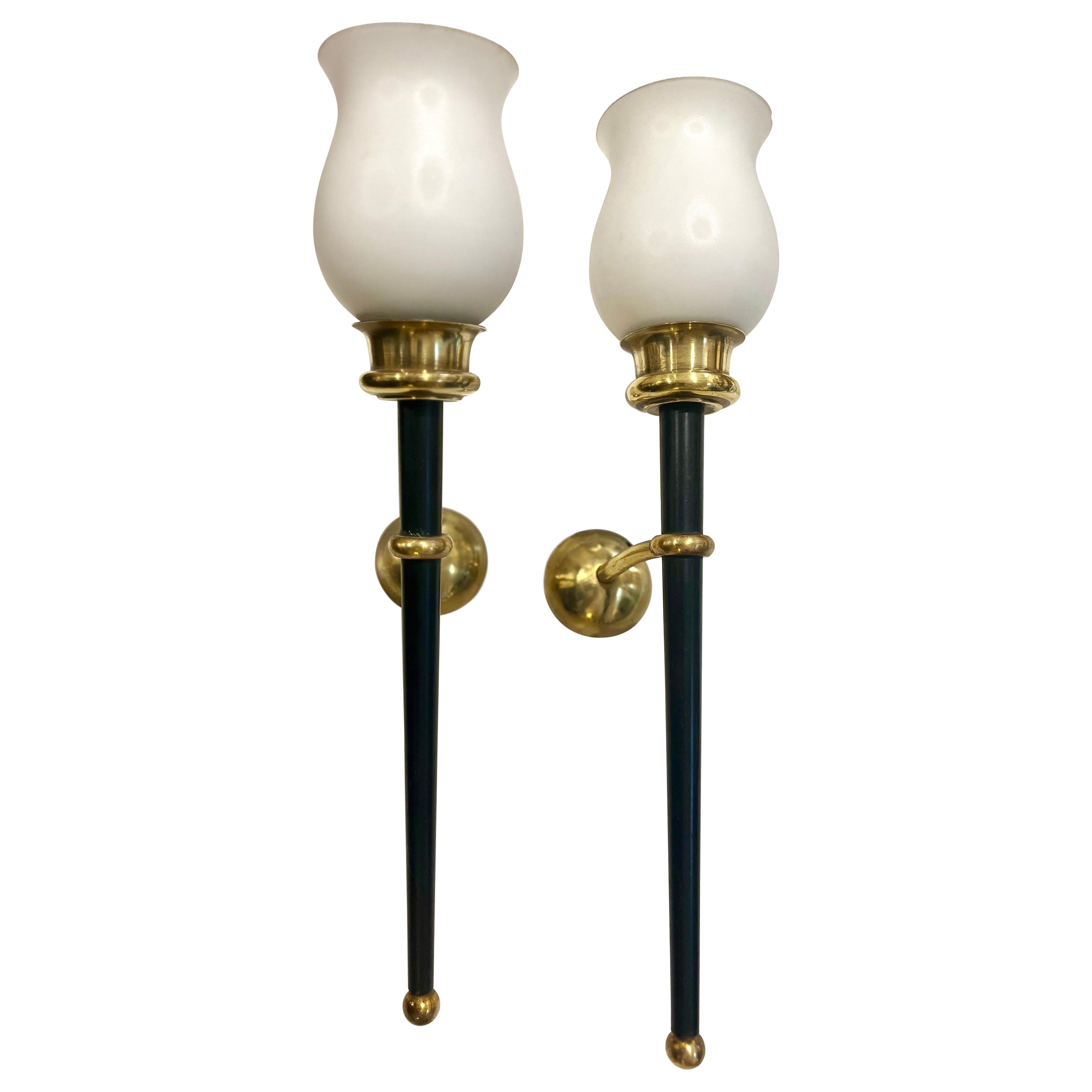 Pair of Vintage Brass Metal and Opaline Wall Lights Arlus Style For Sale