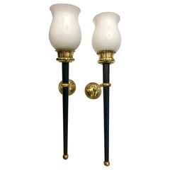 Paar Vintage Messing Metall und Opaline Wandleuchten Arlus Style