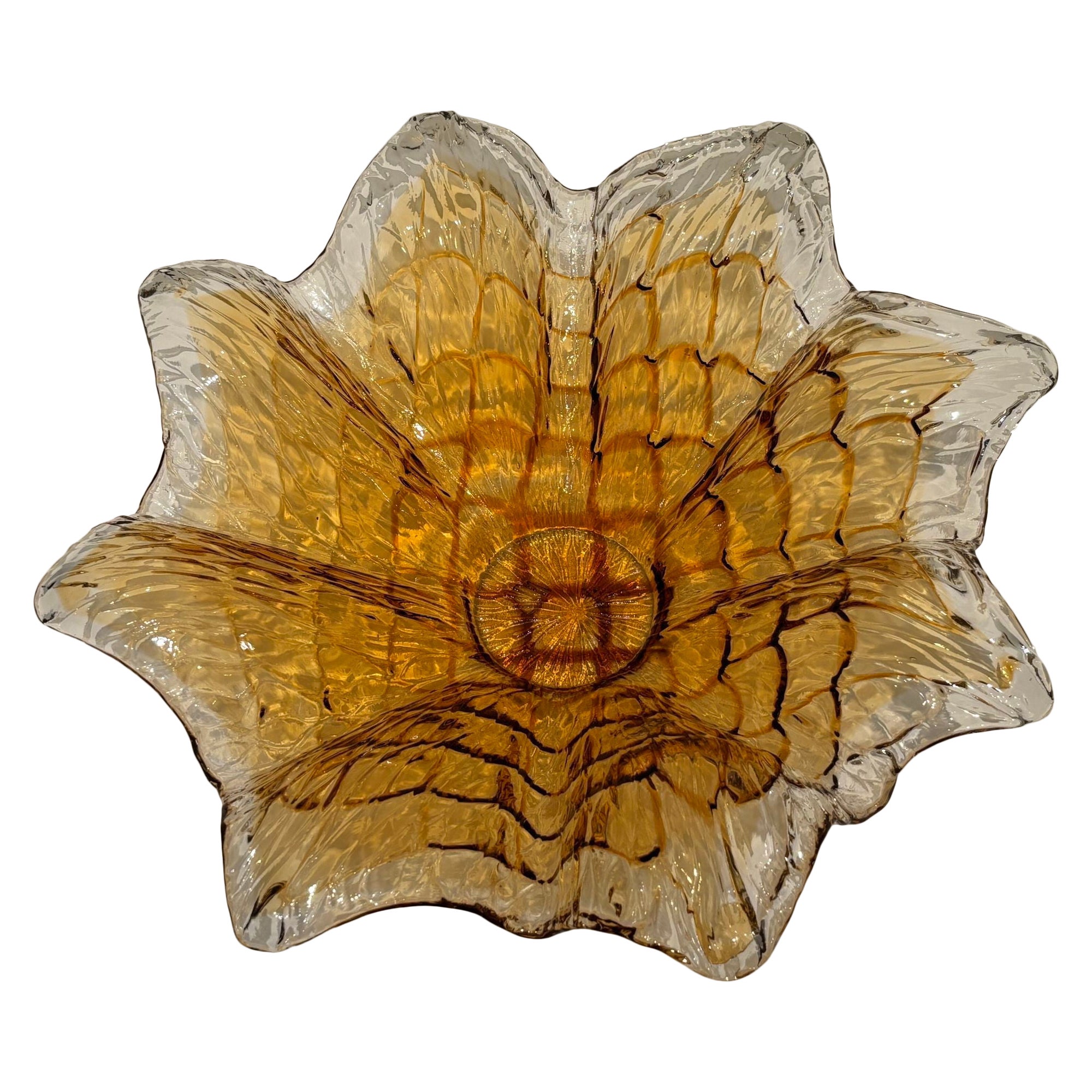 Murano Italian Mouth Blown Art Glass Bowl Amber Crystal
