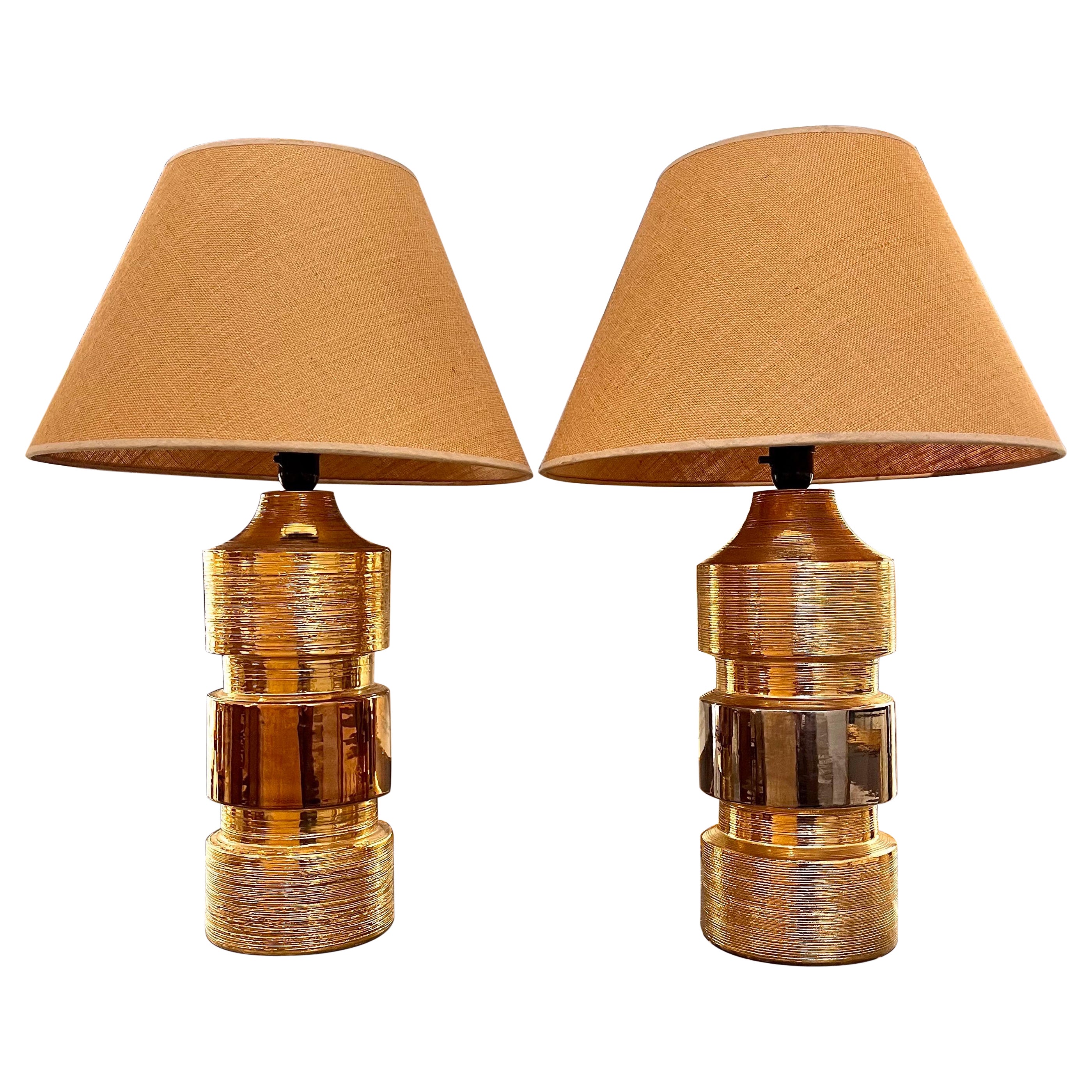 Paar Bergboms-Tischlampen aus Gold- und Silber-Keramik aus der Mitte des Jahrhunderts.