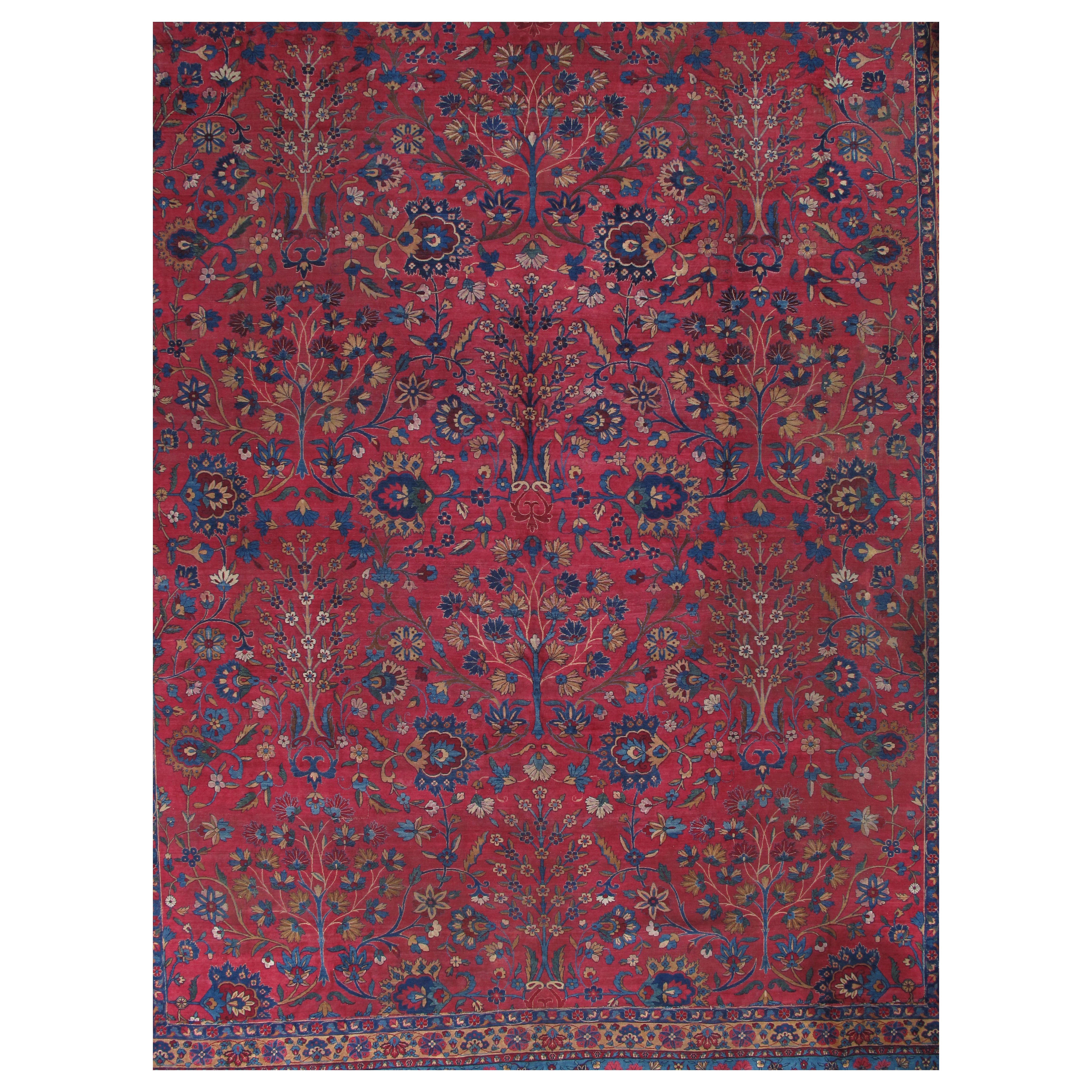 Antique Persian Lavar Kerman Oriental Carpet, Handmade, Red, Ivory, Light Blue