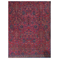 Antiker persischer Lavar Kerman Orientalischer Teppich, handgefertigt, rot, elfenbein, hellblau, handgefertigt