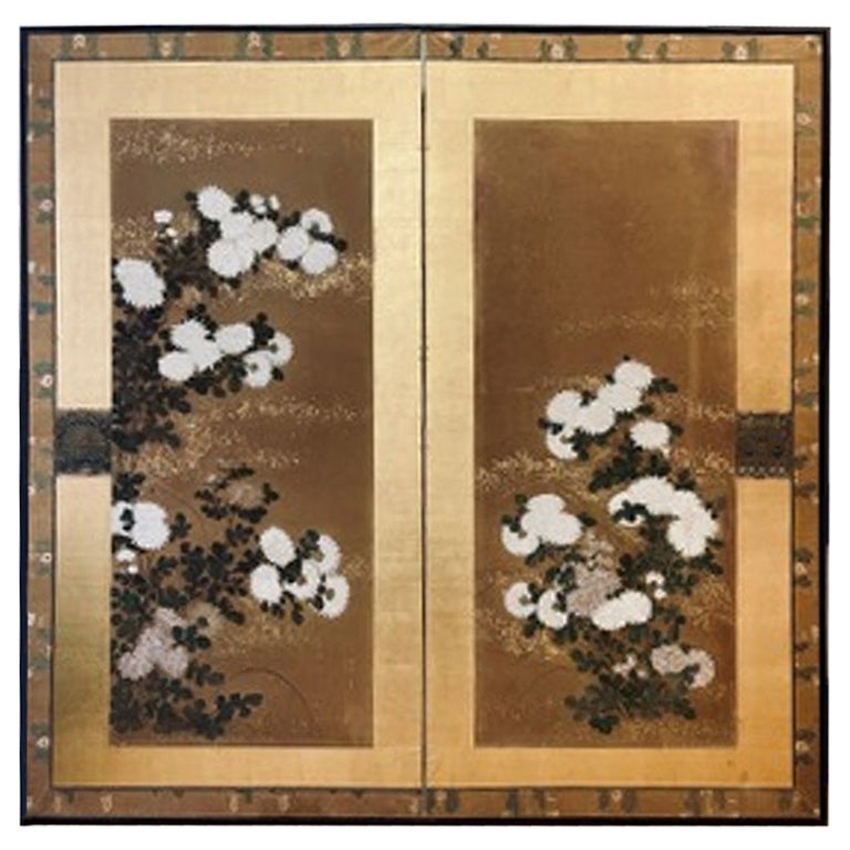 Japanese Edo Period Two-Panel Screen with Chrysanthemums, Ca. 1750