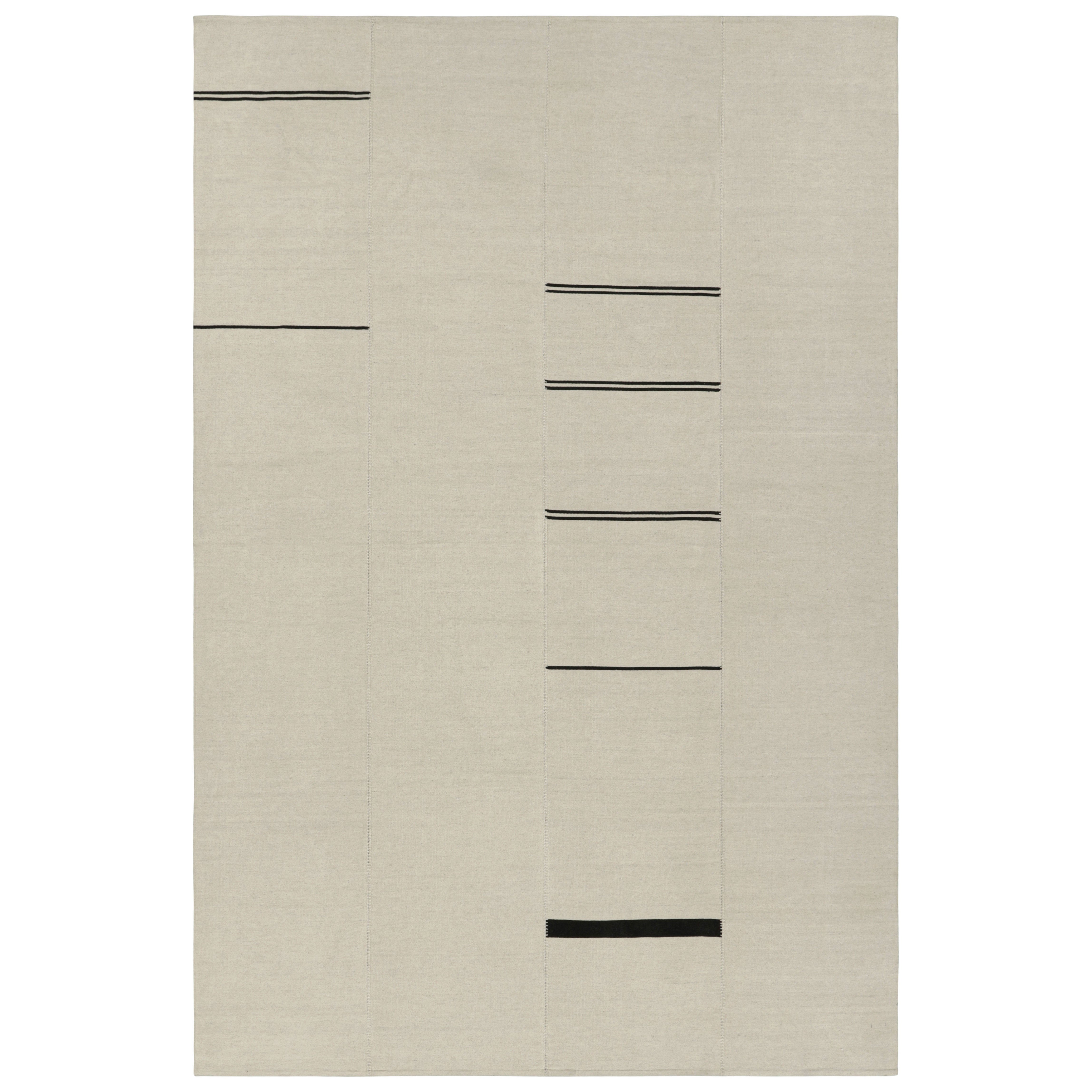 Rug & Kilim’s Contemporary Kilim, White with Black Stripes, Beige Accents