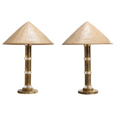 Gnosjö Konstsmide, Table Lamps, Glass, Brass, Rattan, Sweden, 1960s