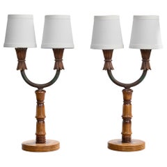 Designer italiano, lampade da tavolo, Wood, ferro, tessuto, Italia, anni '40
