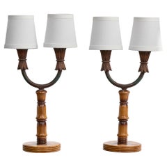 Designer italiano, lampade da tavolo, Wood, ferro, tessuto, Italia, anni '40