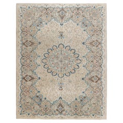 Vintage Persian Kashan Rug, Beige-Brown and Blue Floral Medallion - Rug & Kilim