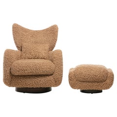 Vladimir Kagan Wingback Swivel Chair & Ottoman in Curly Latte Fabric