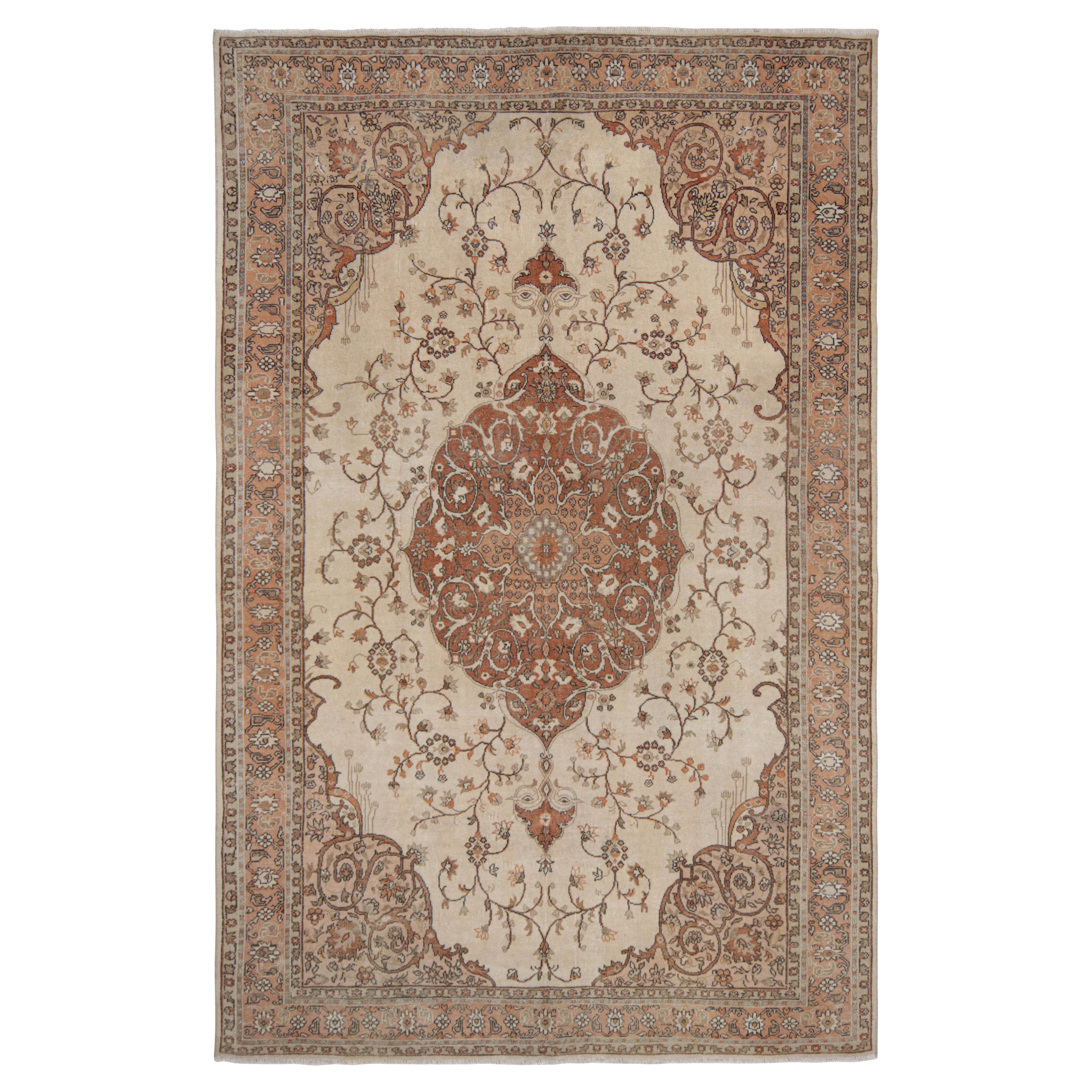 Vintage Persian Kashan Rug, Beige-Brown and Blue Floral Medallion - Rug & Kilim For Sale