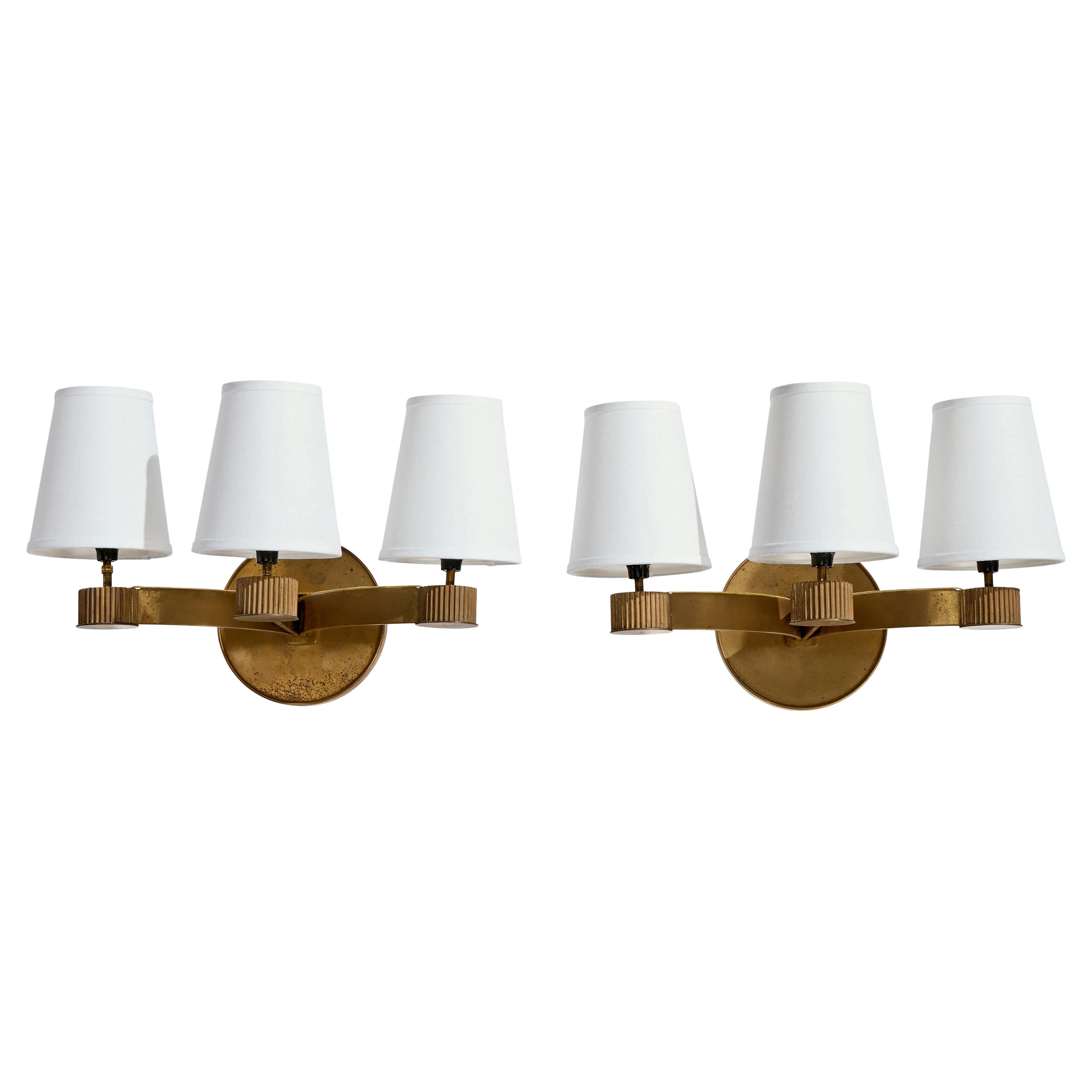 Dänischer Designer, Wandleuchten, Messing, Stoff, Dänemark, 1930er Jahre