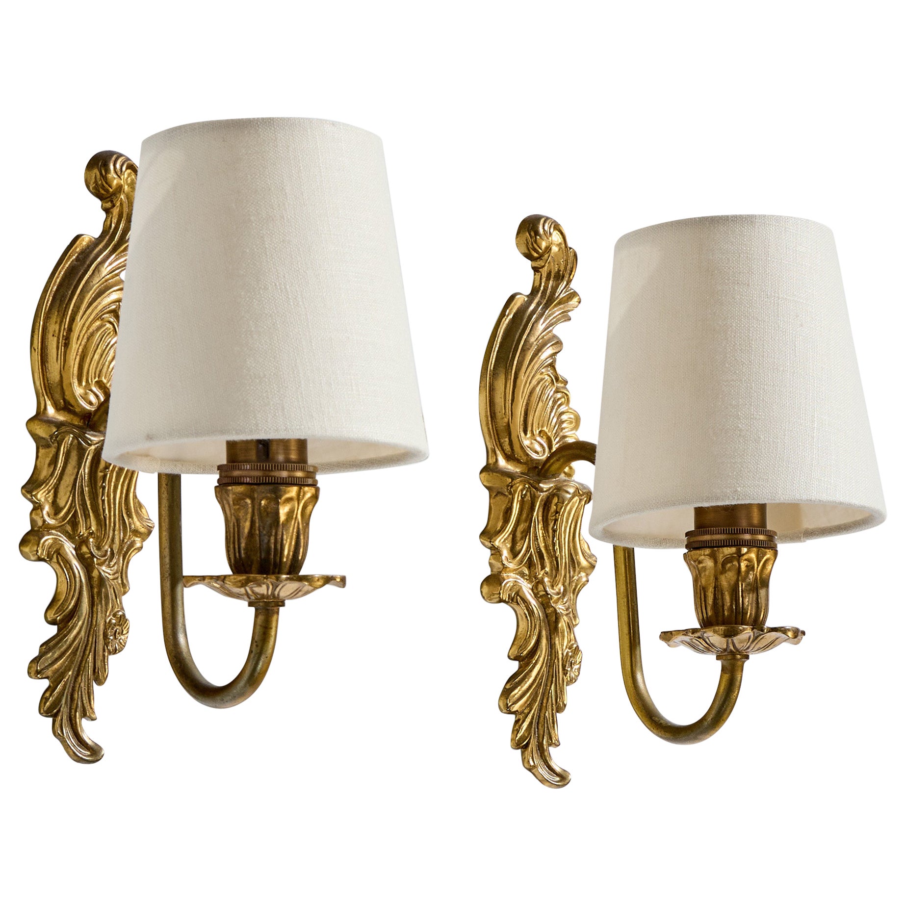 Swedish Designer, Wall Lights, Brass, Fabric, Sweden, 1940s