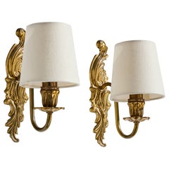 Swedish Designer, Wall Lights, Brass, Fabric, Sweden, 1940s