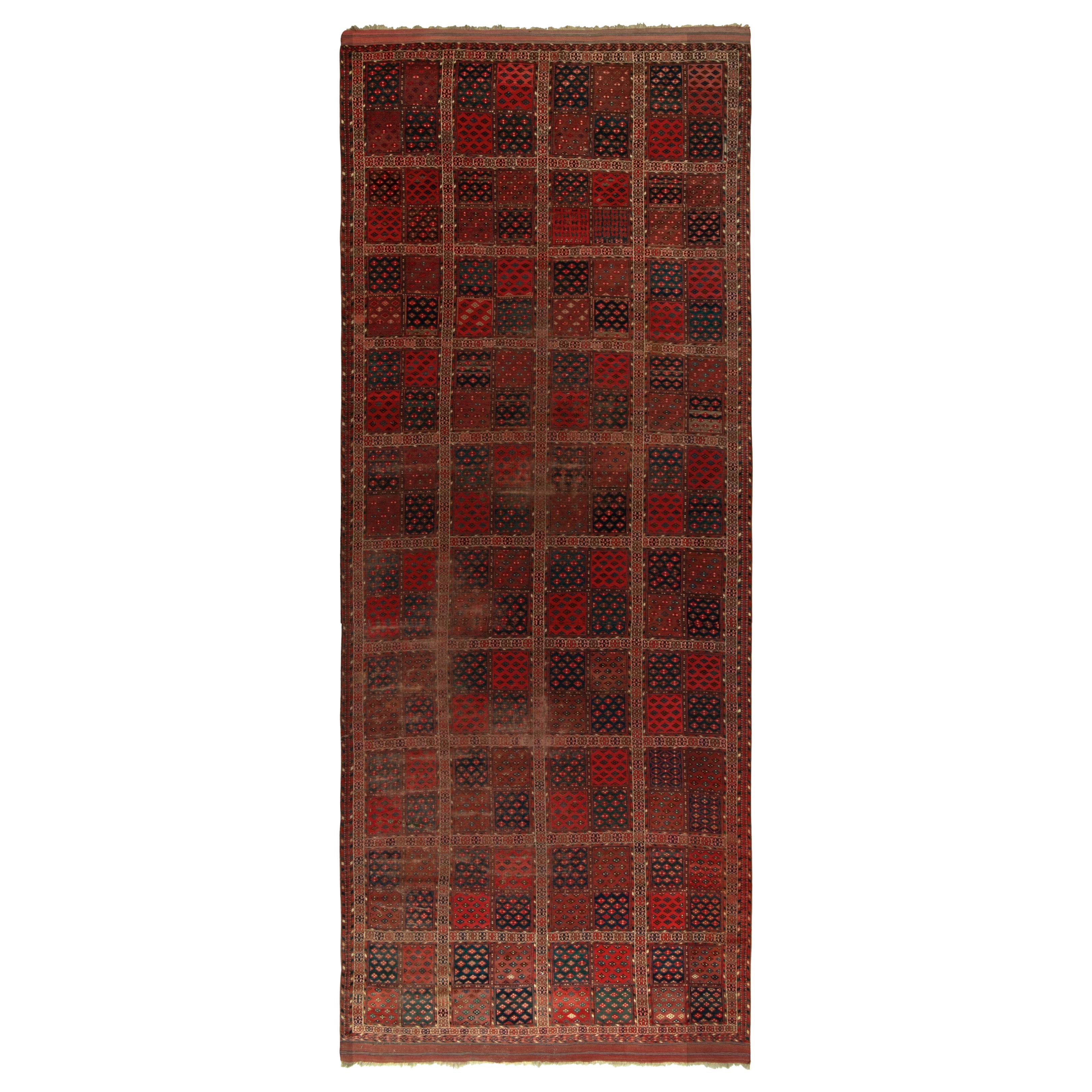 Vintage Extra-Long Kilim Runner Rug, Red with Geometric Patterns - Rug & Kilim
