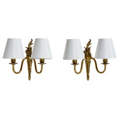 Französischer Designer, Wall Lights, Messing, Stoff, Frankreich, 1950er Jahre