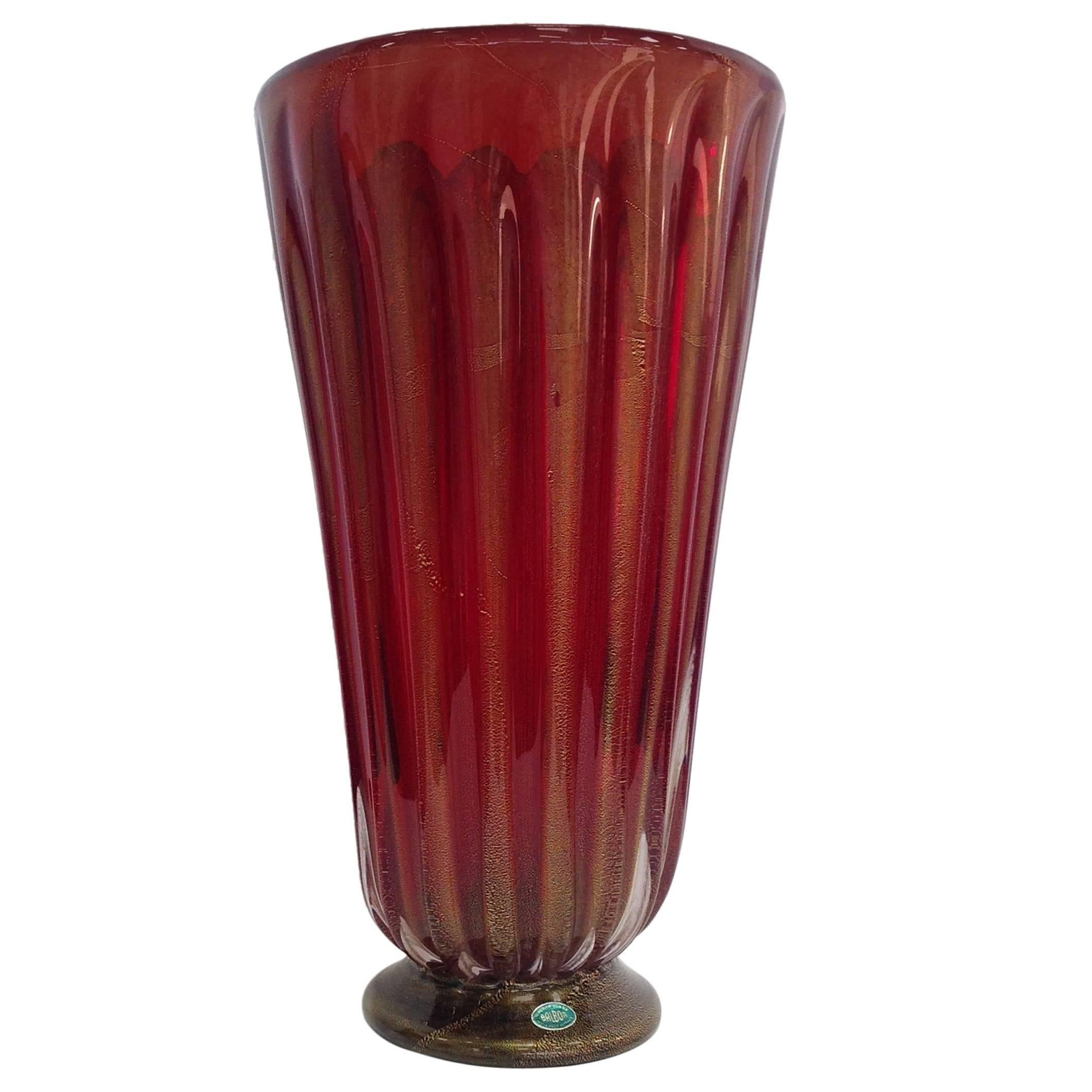 Monumental Archimede Seguso Ribbed Glass Murano Vase with Gold Flecks For Sale