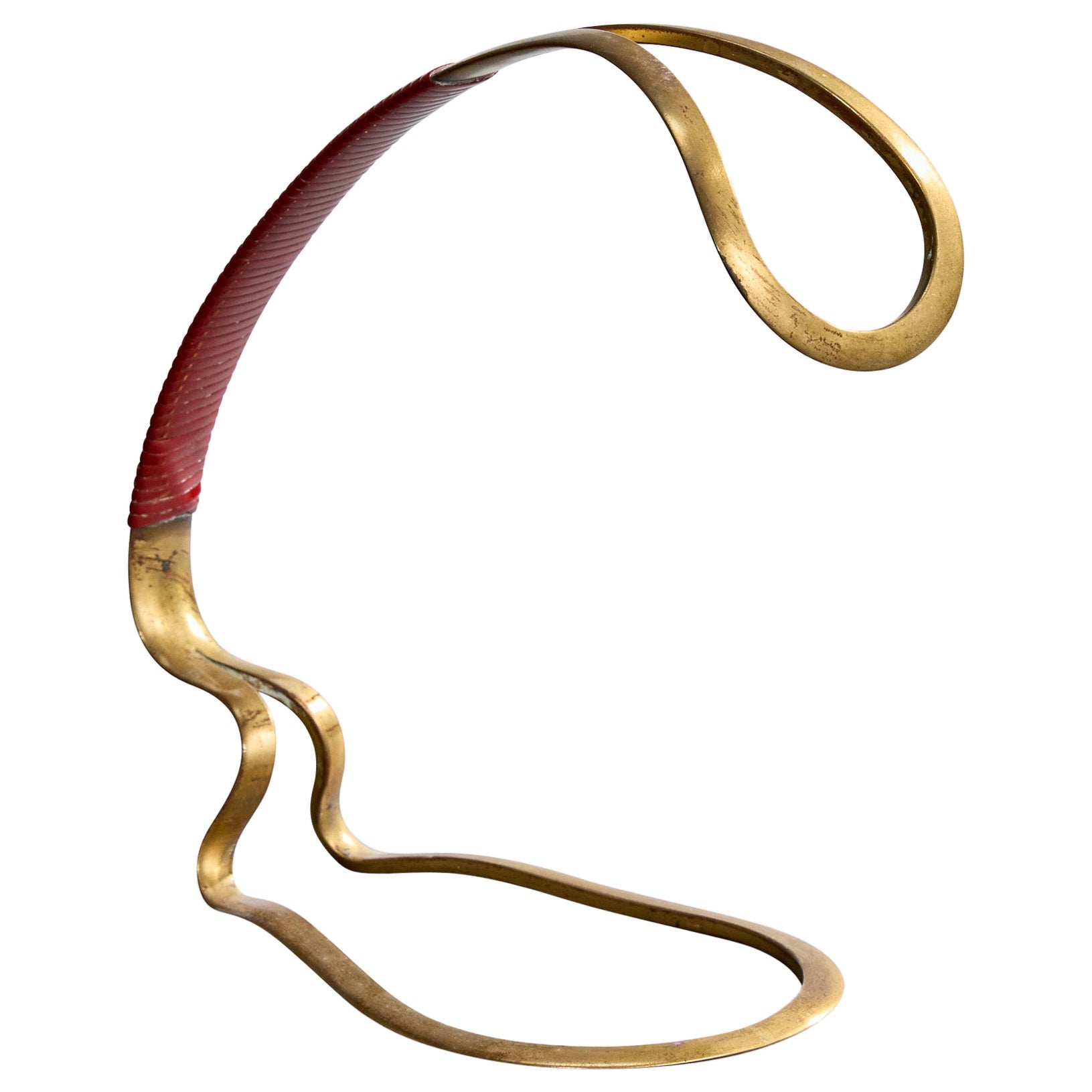 Portabottiglie da vino di design italiano, ottone, similpelle, Italia, anni '50