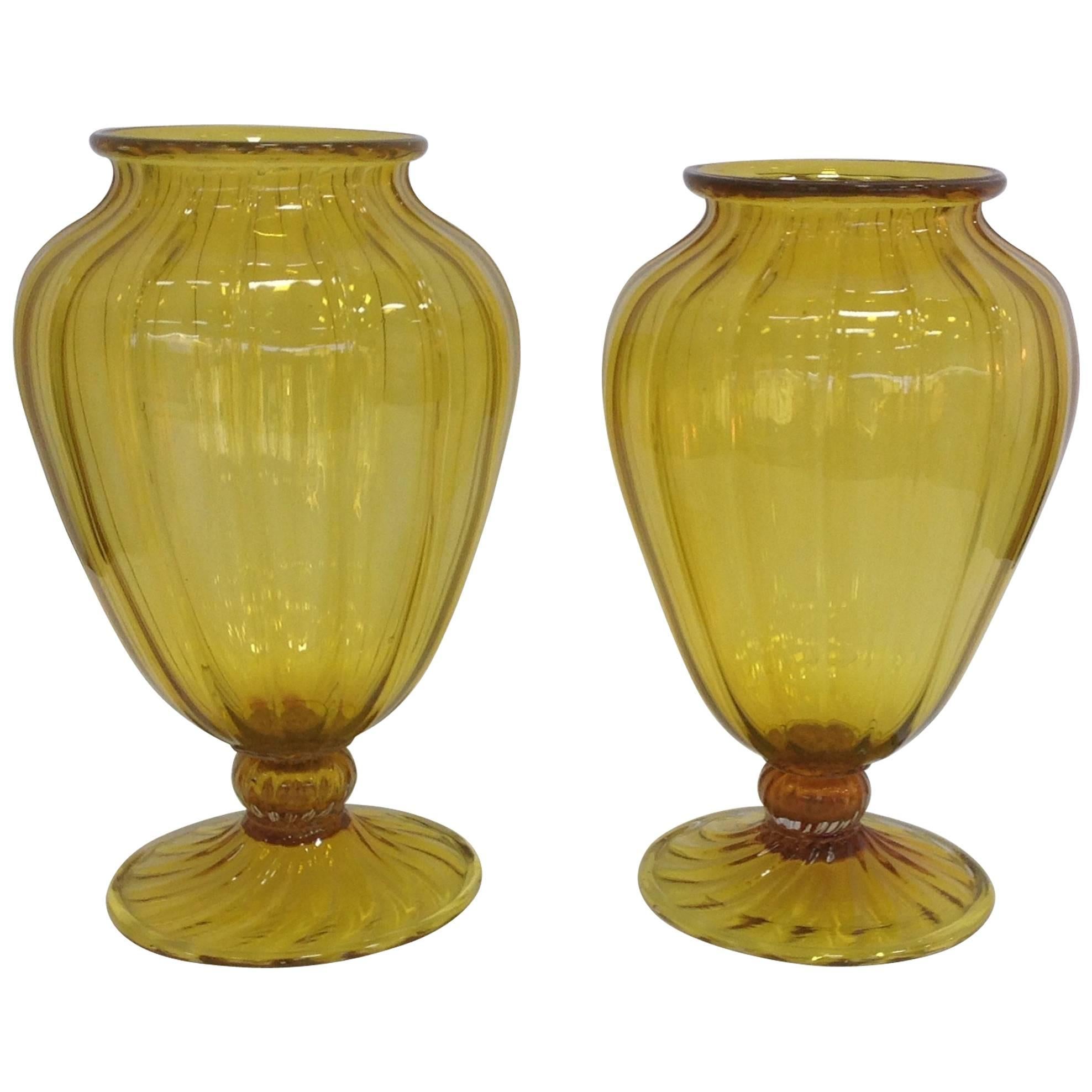 Pair of Vittorio Zecchin Murano Vases in Brilliant Yellow For Sale
