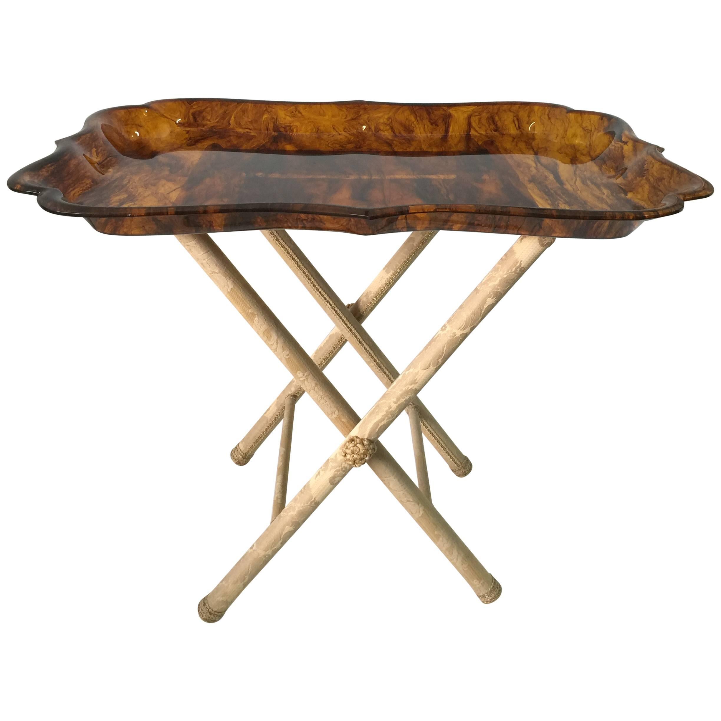 Exceptional Tortoise Acrylic Tray on Fortuny Silk Covered Stand