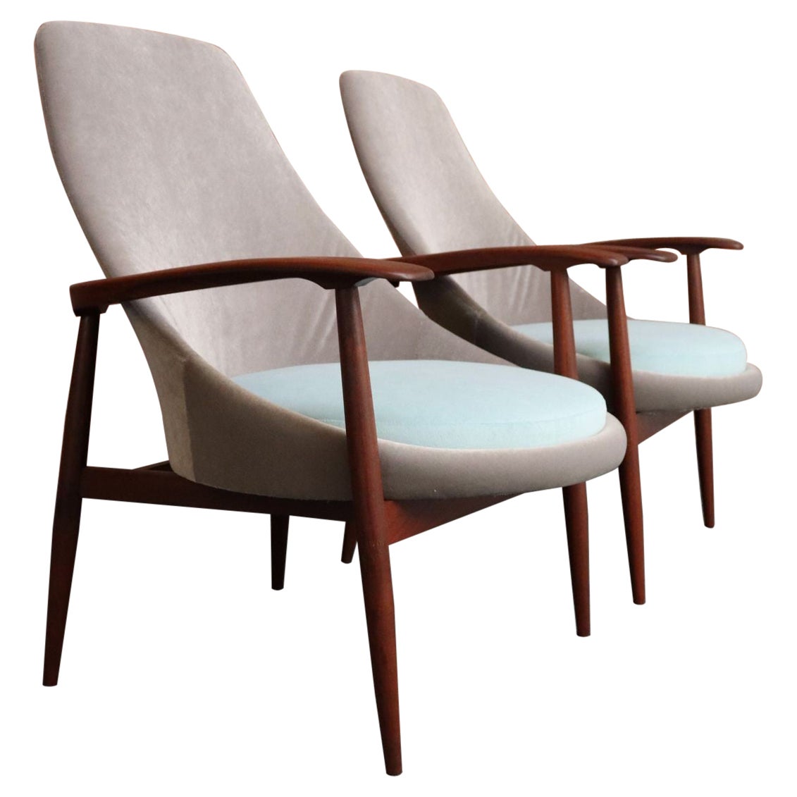 Pair of Vintage Italian Slipper Chairs in Walnut and Mohair by Fratelli Marelli