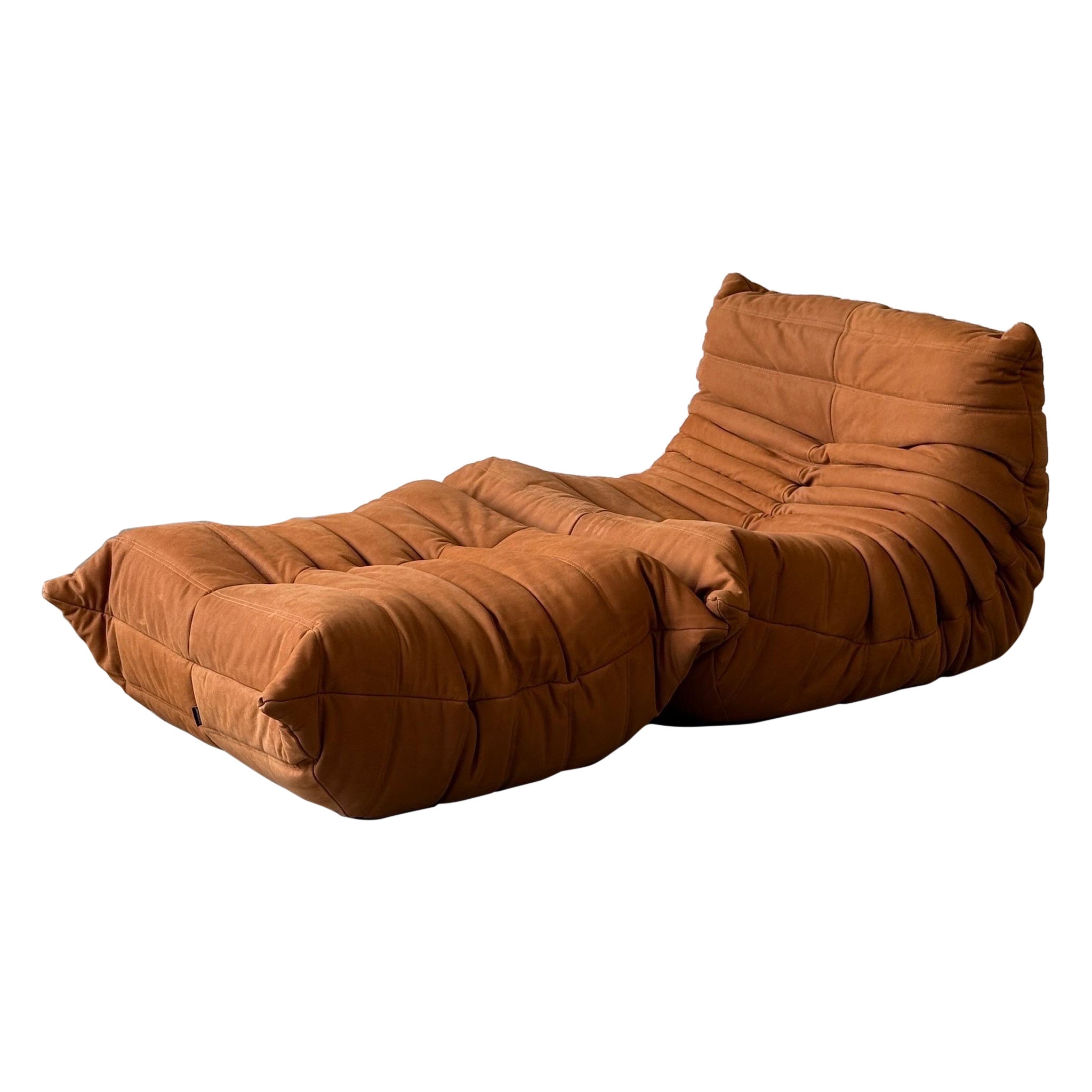 Togo Lounge Chair + Ottoman by Michel Ducaroy for Ligne Roset in Brown Leather
