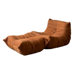 Togo Lounge Chair + Ottoman by Michel Ducaroy for Ligne Roset in Brown Leather