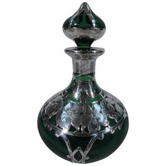 Antique Art Nouveau Emerald Glass Perfume Bottle with Silver Overlay