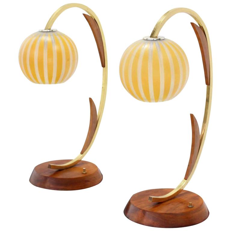 Pair of Walnut Brass and Glass Globes Shades MidCentury Table Lamps