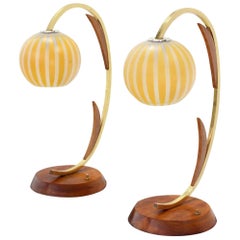 Pair of Walnut Brass and Glass Globes Shades Mid-Century Table Lamps