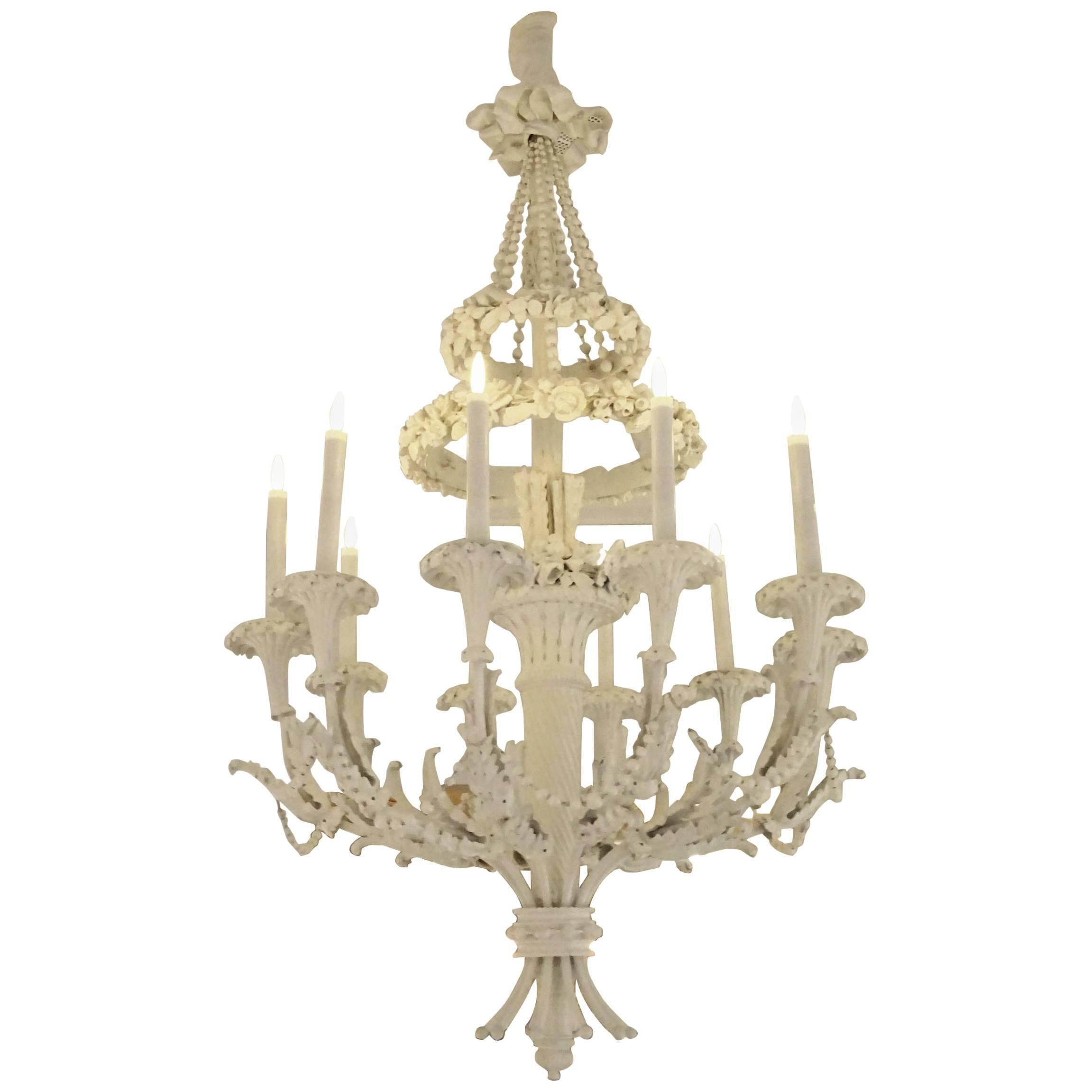 Ornately Carved Wooden Ten-Light Chandelier For Sale