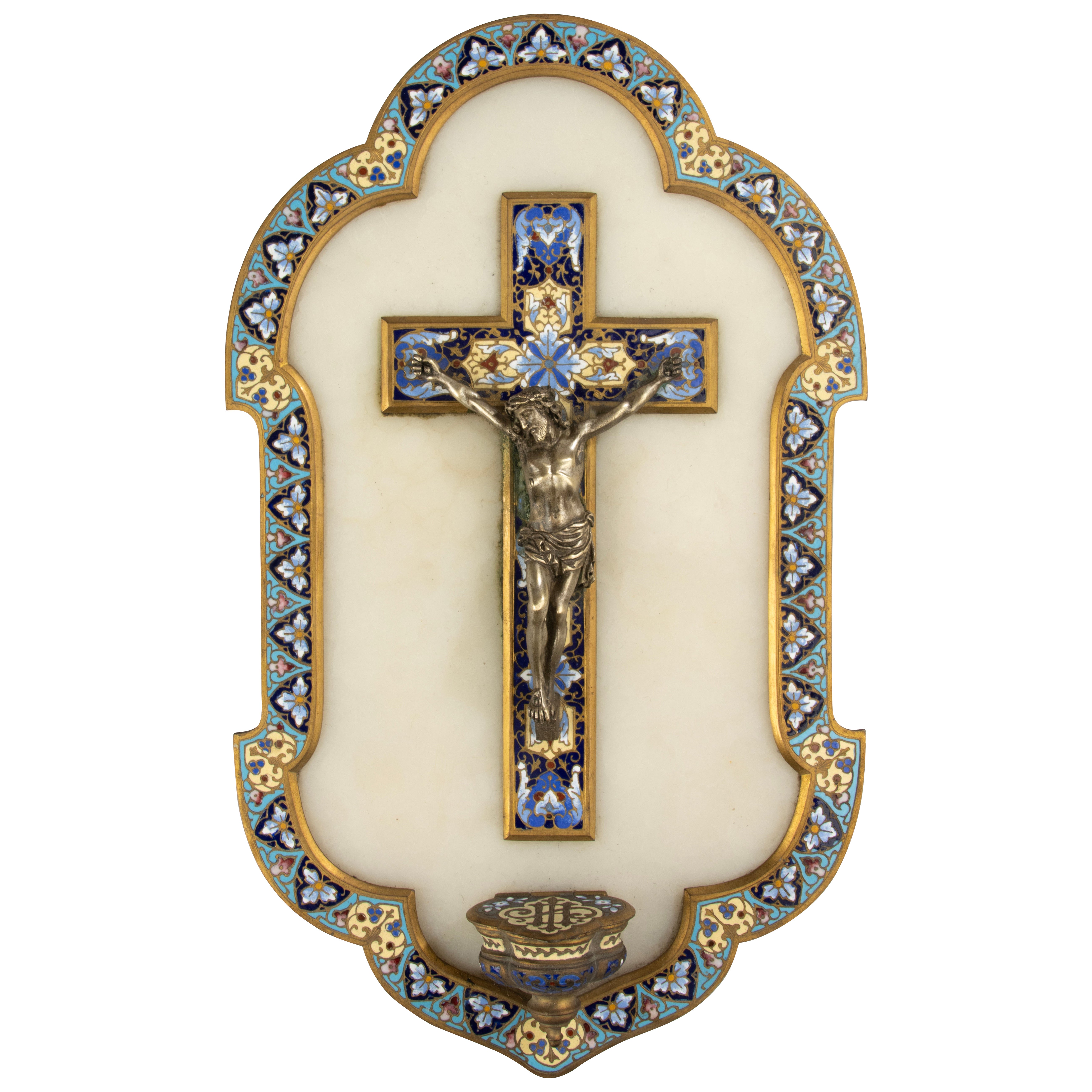 Late 19th Century Holy Water Font - Crucifix Bronze Jesus - Cloisonné Enamel