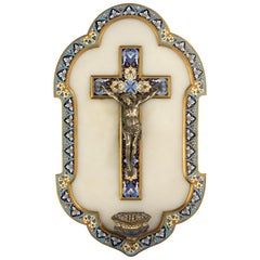 Fin du 19ème siècle Fontaine à eau bénite - Crucifix Jésus en bronze - Emaux cloisonnés