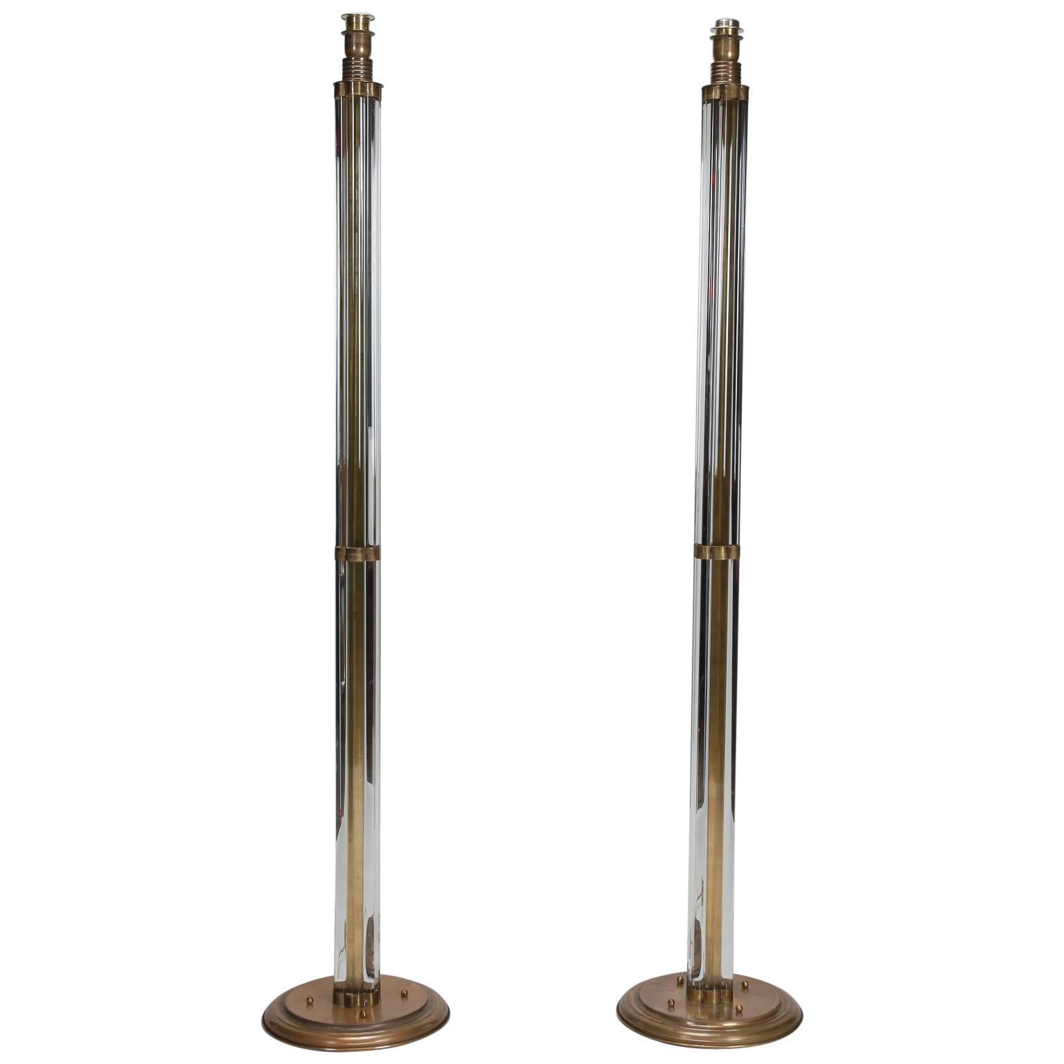 Pair of Tall Murano Glass Rod and Brass Floor Lamps