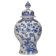 Tall circa 1900 Chinese Style Dutch Blue and White Lidded Vase
