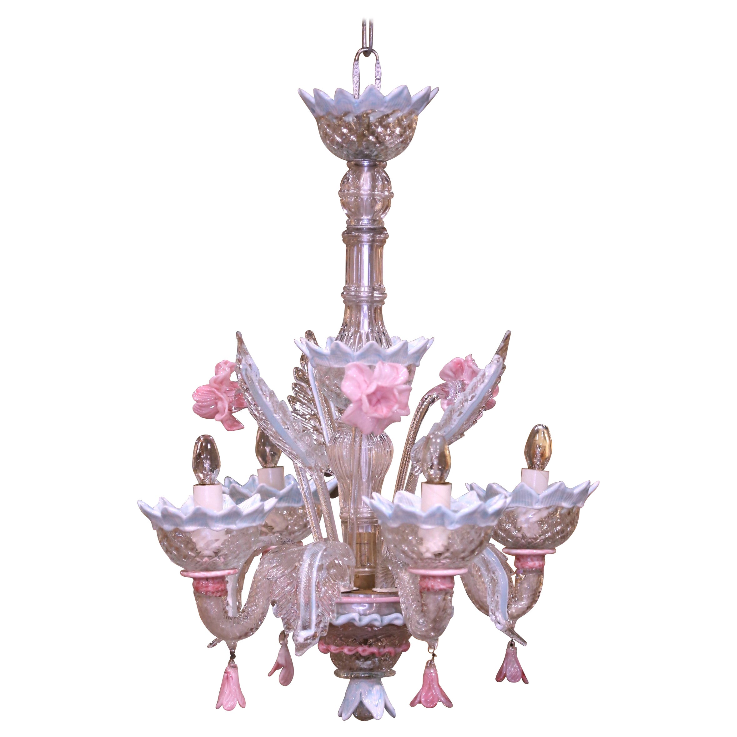 Mid-Century Italian Blown Glass Murano Four-Light Chandelier with Floral Motifs For Sale