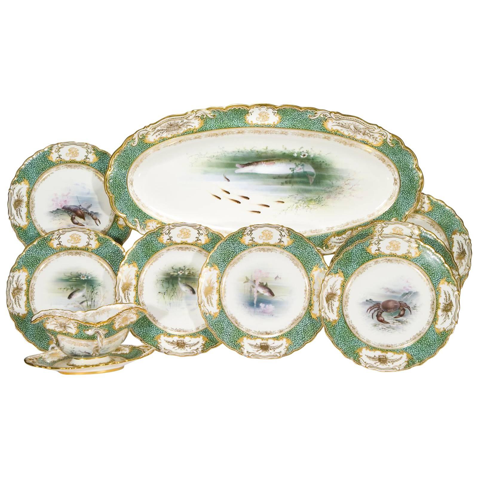 18-Piece Coalport Hand-Painted Artist Signed Fish Service with "Shagreen" Border