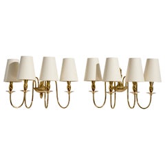 Italian Designer, Wall Lights, Brass, Fabric, Italy, 1950s