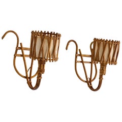 Französischer Designer, Wall Lights, Bambus, Rattan, Stoff, Frankreich, 1960er Jahre