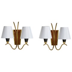 Norwegischer Designer, Wandleuchten, Messing, Metall, Teakholz, Stoff, Norwegen, 1950er Jahre