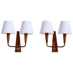 Dänischer Designer, Wall Lights, Messing, Teakholz, Stoff, Dänemark, 1950er Jahre